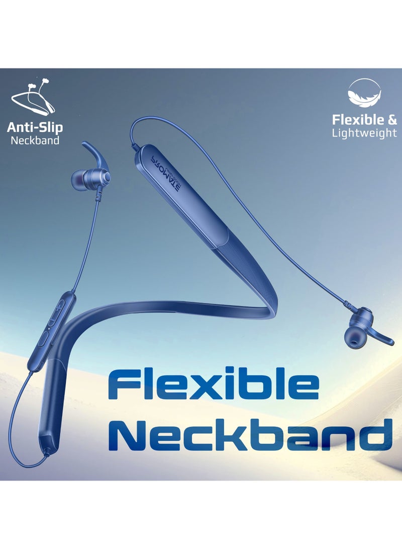 بروميت - High-Fidelity Wireless Neckband Earphones with 200-hour Playtime, ENC Call Noise Cancellation, Multi-Point Connection with Two Devices, Bluetooth V5.4, Omni-Directional Mic, In-Line Controls, Crystal-Clear Call Quality, IPX5 Water- Resistance Blue - Image 1