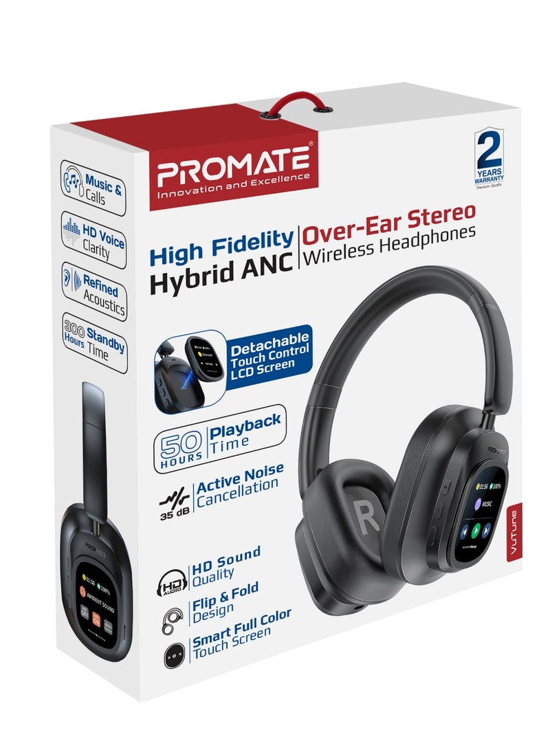 PROMATE - Promate Headphones Wired and Wireless with Detachable Remote Controller, Hybrid ANC, Type-C Charging, And Foldable Ergonomic Design, 50H Playtime, HD Sound, Noise Cancellation Black - Image 1