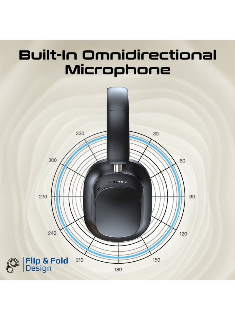 PROMATE - Promate Headphones Wired and Wireless with Detachable Remote Controller, Hybrid ANC, Type-C Charging, And Foldable Ergonomic Design, 50H Playtime, HD Sound, Noise Cancellation Black - Image 1
