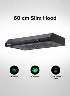 GEEPAS 60 cm Slim Hood with Charcoal Sponge| Filter less Design, 200 m3/hr Suction Capacity| 3-Speed Push Button Control, Energy-Efficient Lighting| Perfect for Kitchen, Apartment, etc| 1 Year Warranty 81.5 W GHD625BCS Matte Black  - Image 1