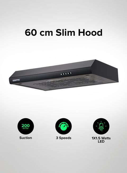 60 cm Slim Hood with Charcoal Sponge| Filter less Design, 200 m3/hr Suction Capacity| 3-Speed Push Button Control, Energy-Efficient Lighting| Perfect for Kitchen, Apartment, etc| 1 Year Warranty 81.5 W GHD625BCS Matte Black