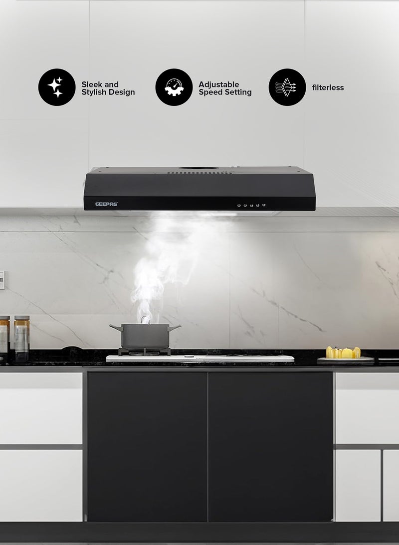 GEEPAS - 60 cm Slim Hood with Charcoal Sponge| Filter less Design, 200 m3/hr Suction Capacity| 3-Speed Push Button Control, Energy-Efficient Lighting| Perfect for Kitchen, Apartment, etc| 1 Year Warranty 81.5 W GHD625BCS Matte Black - Image 1