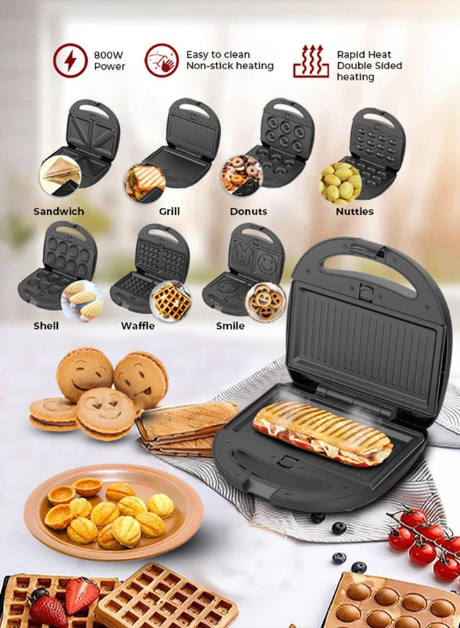 SONASHI 7-In-1 Non-Stick Multi Snack Maker with Detachable Sandwich/Grill/Waffle/Donut/Nutty/Smile/Shell Cake Plates | Compact Body with Cool-touch Handle | Indicator Light with Auto Cut-OFF feature | Anti-skid Feet | 800 W SSM-862N Black/Silver  - Image 1