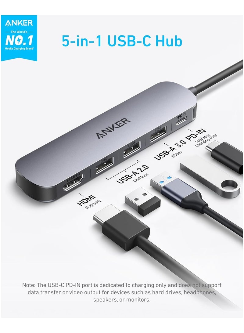 آنكر USB-C Hub (5-in-1), 4K@30Hz HDMI with 100W Max Power Delivery, USB-C and USB-A Data Ports, Compact and Stylish for MacBook, Dell XPS, and More (Charger Not Included) Gray  - Image 2