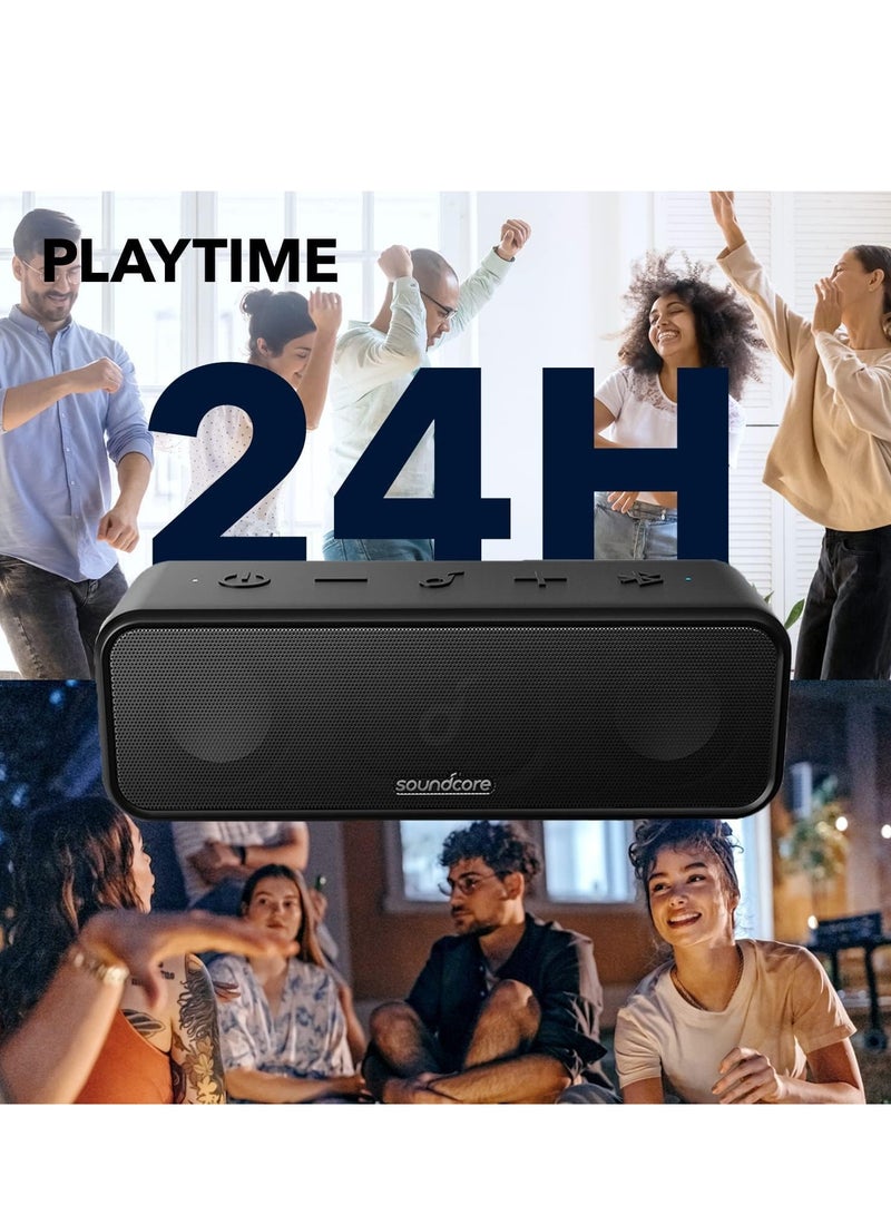 ساوند كور ساوندكور 3 من أنكر: مكبر صوت بلوتوث 5.0، 24 ساعة تشغيل، مقاوم للماء IPX7، صوت ستيريو مع محركات غشاء من التيتانيوم، تقنية PartyCast، BassUp، EQ مخصص - Image 3