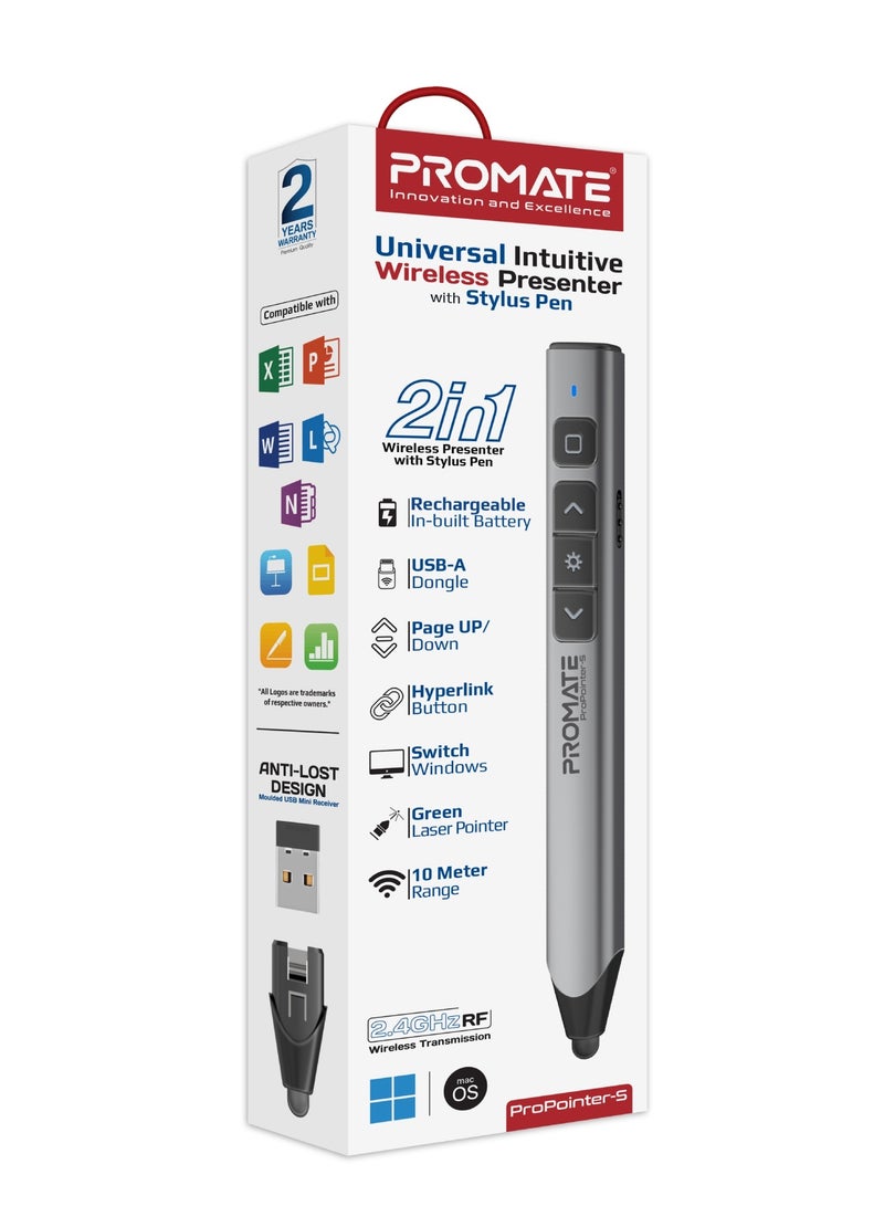 PROMATE - Wireless 2-in-1 Presenter with Multifunctional Stylus, 2.4GHz RF Connectivity, Brilliant Green 200m Laser Pointer, 50m Range, One-Touch Presentation Control, Universal Compatibility, ProPointer-S Black - Image 1