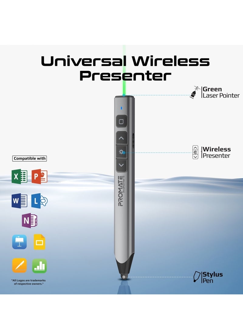 PROMATE - Wireless 2-in-1 Presenter with Multifunctional Stylus, 2.4GHz RF Connectivity, Brilliant Green 200m Laser Pointer, 50m Range, One-Touch Presentation Control, Universal Compatibility, ProPointer-S Black - Image 1