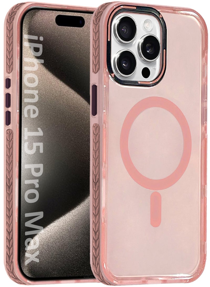 MARGOUN (for iPhone 15 Pro Max) Hard PC Magsafe Case Cover Polycarbonate Magnetic Strong Shockproof Protective Case Cover Transparent - Pink-1 - Image 1