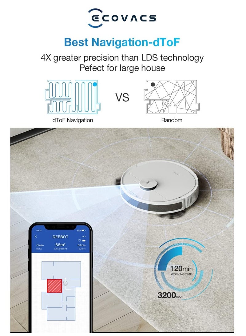 ecovacs - Robot Vacuum Cleaner and Mop, Powerful 2300Pa Suction, Advanced Laser-Based LiDAR Navigation, Multi-Floor Mapping, Up to 110 Minutes Runtime(1 Year Warranty) 35 W Deebot n8 White - Image 1