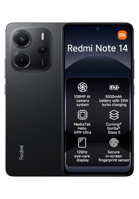 ريدمي نوت 14 ثنائي الشريحة بلون أسود ليلي وذاكرة رام سعة 8 جيجابايت وسعة 256 جيجابايت ويدعم تقنية 4G - الإصدار العالمي