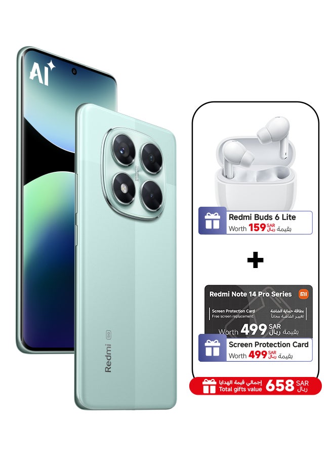 Xiaomi Redmi Note 14 Pro 5G Dual SIM Coral Green 12GB RAM 256GB - Global Version with Redmi Buds 6 Lite + Screen Protection Card (6 Month Free One Time Change) - Image 1