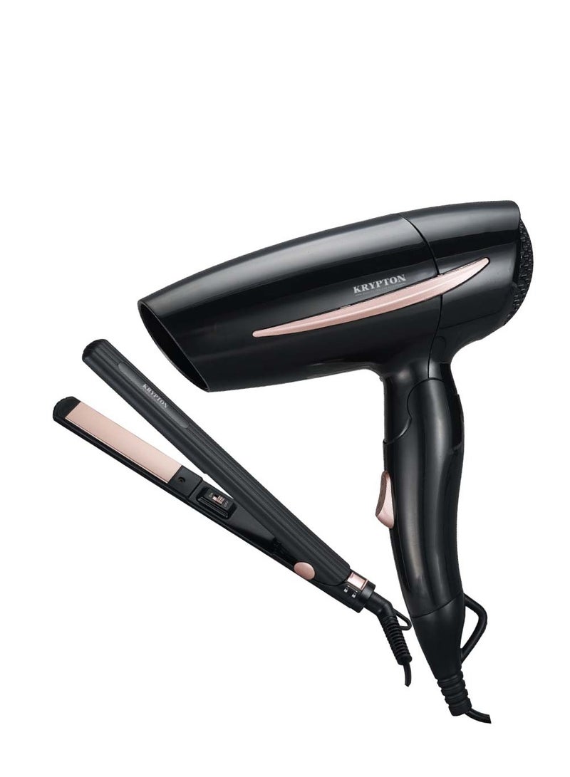 كريبتون 2-in-1 Hair Styling Kit- KNHF6427| Travel Hair Dryer, Hair Straightener Ceramic Plates Easy Straightening, Dryer with Foldable Handle Perfect for Salon and At Home Styling with a Hanging Loop - Image 1