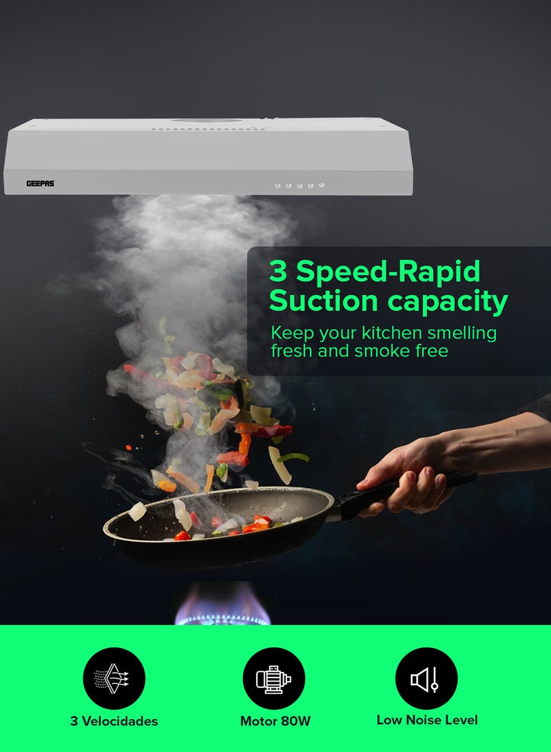 GEEPAS - 60 cm Slim Hood with Charcoal Sponge| Filter less Design, 200 m3/hr Suction Capacity| 3-Speed Push Button Control, Energy-Efficient Lighting| Perfect for Kitchen, Apartment, etc| 1 Year Warranty 81.5 W GHD624GCS Grey - Image 1