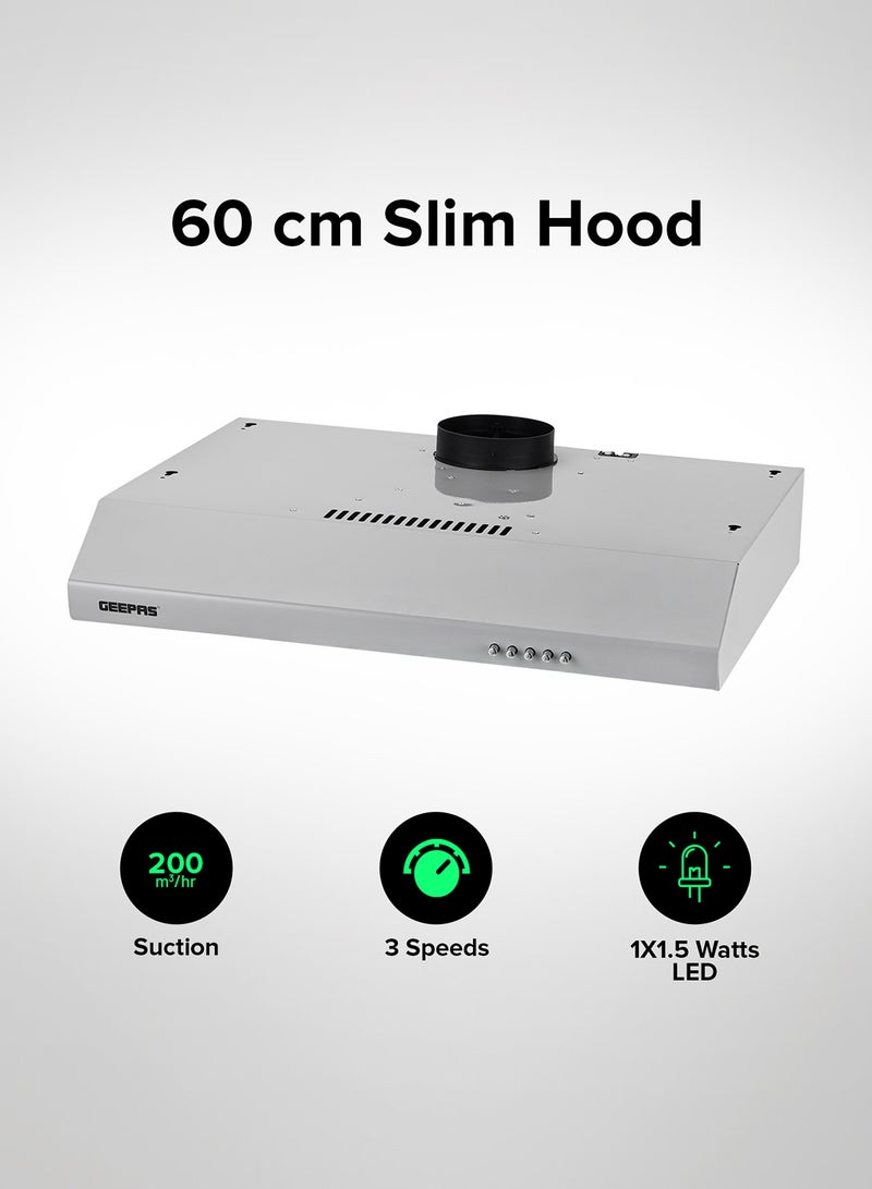 GEEPAS - 60 cm Slim Hood with Charcoal Sponge| Filter less Design, 200 m3/hr Suction Capacity| 3-Speed Push Button Control, Energy-Efficient Lighting| Perfect for Kitchen, Apartment, etc| 1 Year Warranty 81.5 W GHD624GCS Grey - Image 1