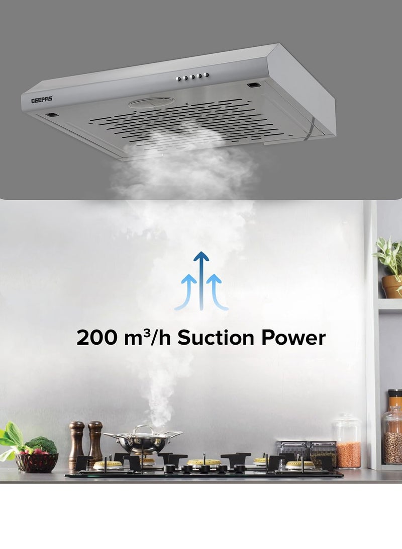 GEEPAS - 60 cm Slim Hood with Charcoal Sponge| Filter less Design, 200 m3/hr Suction Capacity| 3-Speed Push Button Control, Energy-Efficient Lighting| Perfect for Kitchen, Apartment, etc| 1 Year Warranty 81.5 W GHD624GCS Grey - Image 1