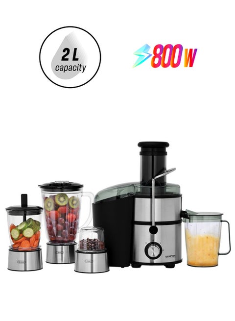 4-IN-1 Stainless Steel Blender and Juice Extractor, Powerful Motor with 2 Speed Setting and Pulse| 2 L Pulp Container, 1.1 L Juice Cup, 1.5 L Blender Jar | Stainless Steel Filter and Blade 2 L 800 W KNB6346 Black/Silver
