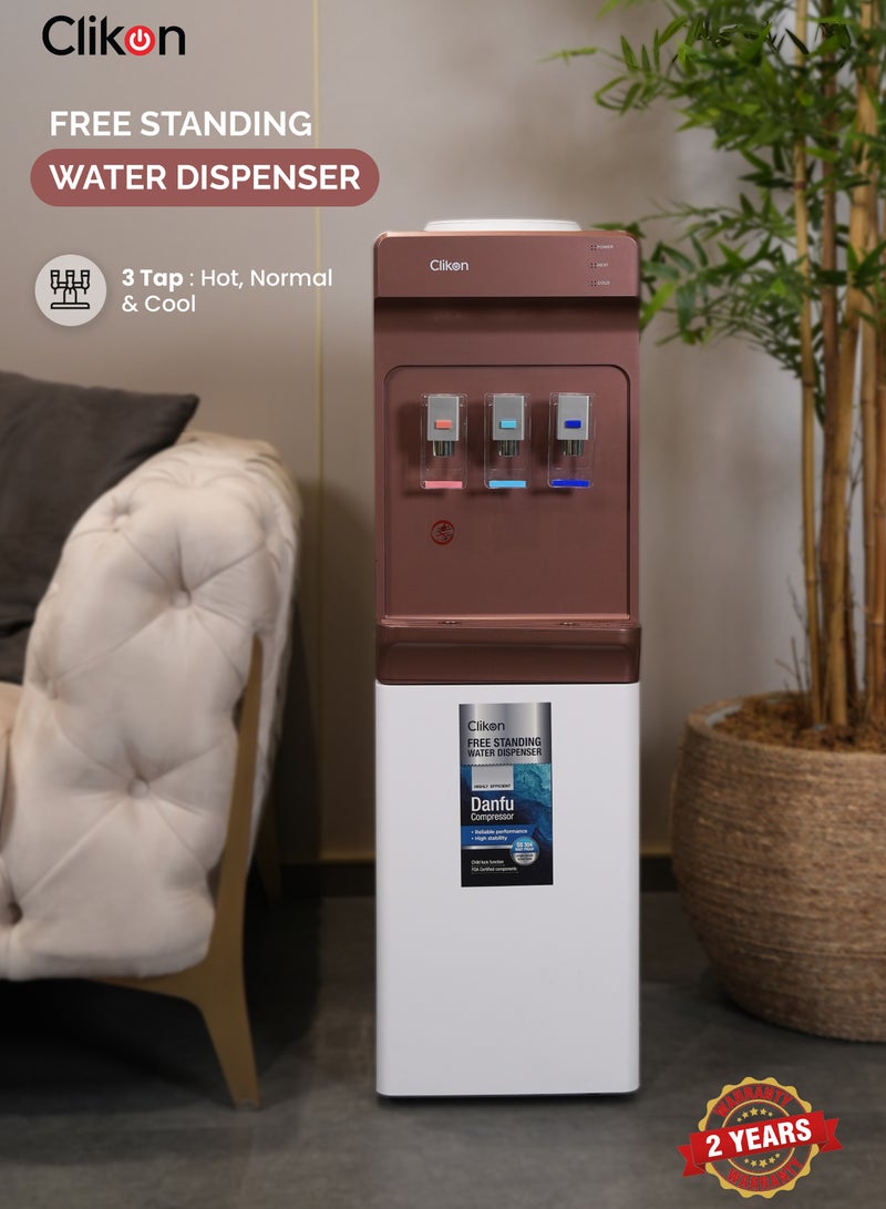 Clikon 3-Tap Water Dispenser with High-Efficiency Danfu Compressor – Hot, Cold & Normal Water,2 Years Warranty CK4062 White/Maroon - Image 1