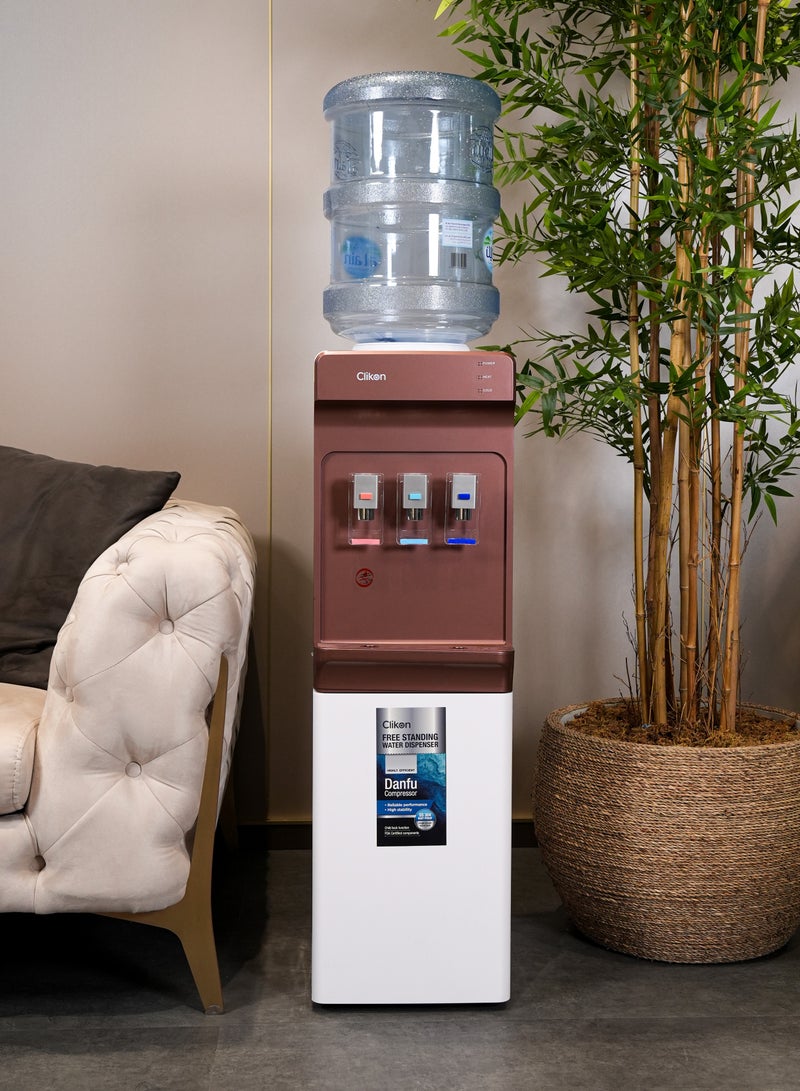 Clikon 3-Tap Water Dispenser with High-Efficiency Danfu Compressor – Hot, Cold & Normal Water,2 Years Warranty CK4062 White/Maroon - Image 2