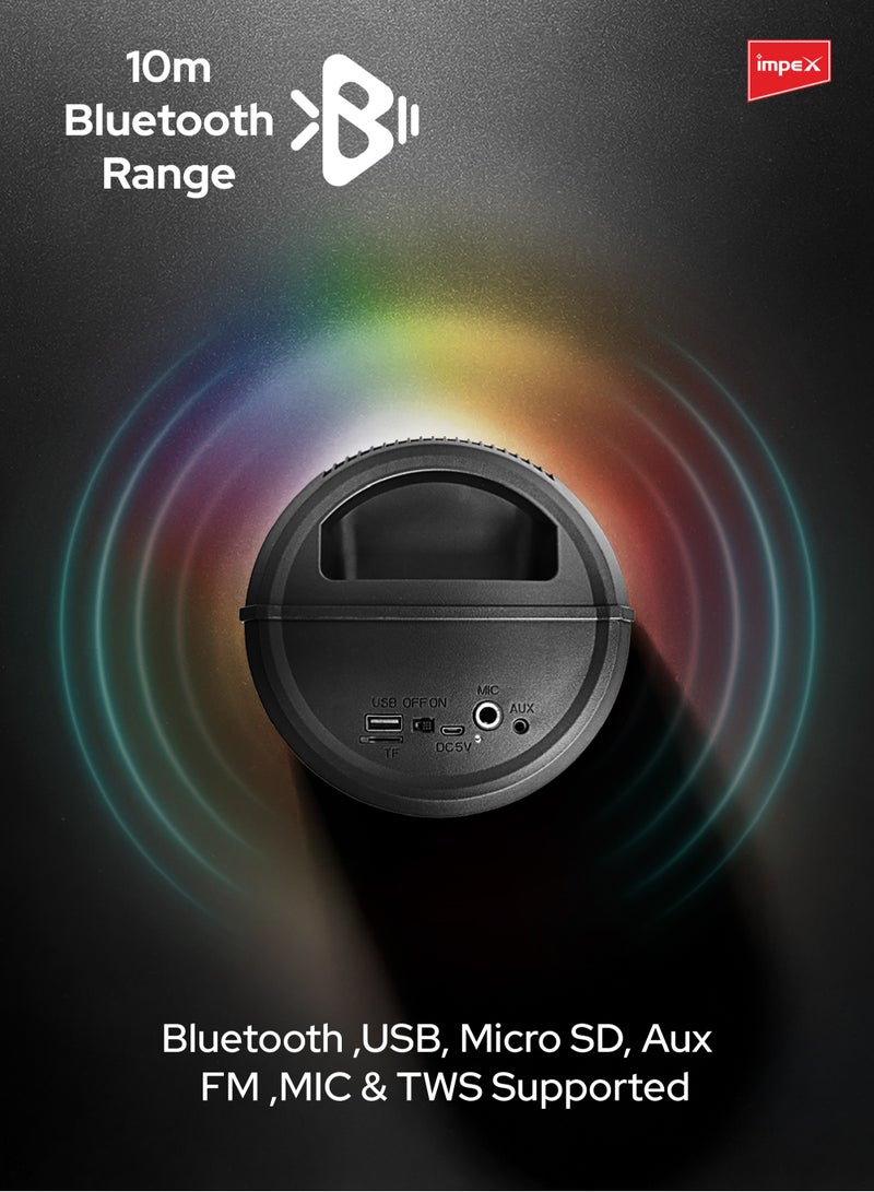 Impex Portable Bluetooth Speaker, 500W PMPO, 4" Wireless Speaker with Magic Ring Light, 1200mAh Battery, Bluetooth 5.1, USB/Micro SD/AUX/FM/MIC/TWS, Type-C Charging, Wired Mic, 10m Range, Black - TS 1106 Black  - Image 4
