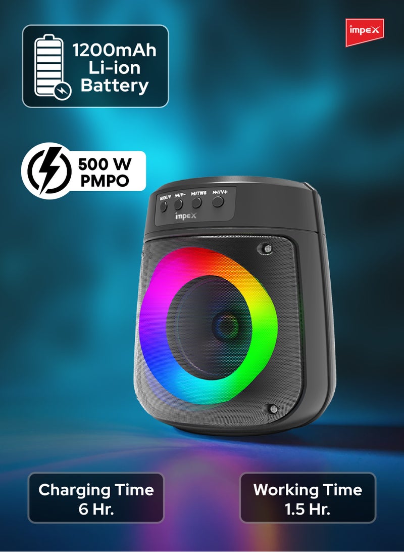 Portable Bluetooth Speaker, 500W PMPO, 4" Wireless Speaker with Magic Ring Light, 1200mAh Battery, Bluetooth 5.1, USB/Micro SD/AUX/FM/MIC/TWS, Type-C Charging, Wired Mic, 10m Range, Black - TS 1106 Black