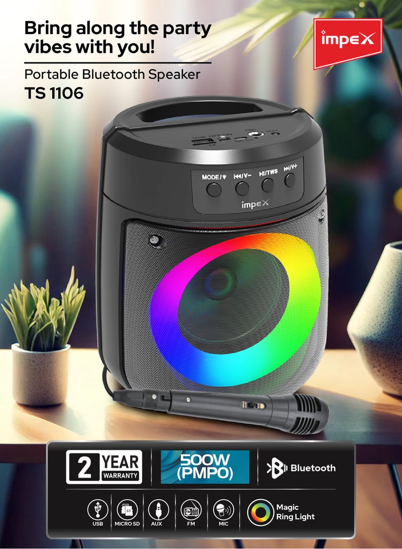 Impex Portable Bluetooth Speaker, 500W PMPO, 4" Wireless Speaker with Magic Ring Light, 1200mAh Battery, Bluetooth 5.1, USB/Micro SD/AUX/FM/MIC/TWS, Type-C Charging, Wired Mic, 10m Range, Black - TS 1106 Black  - Image 2