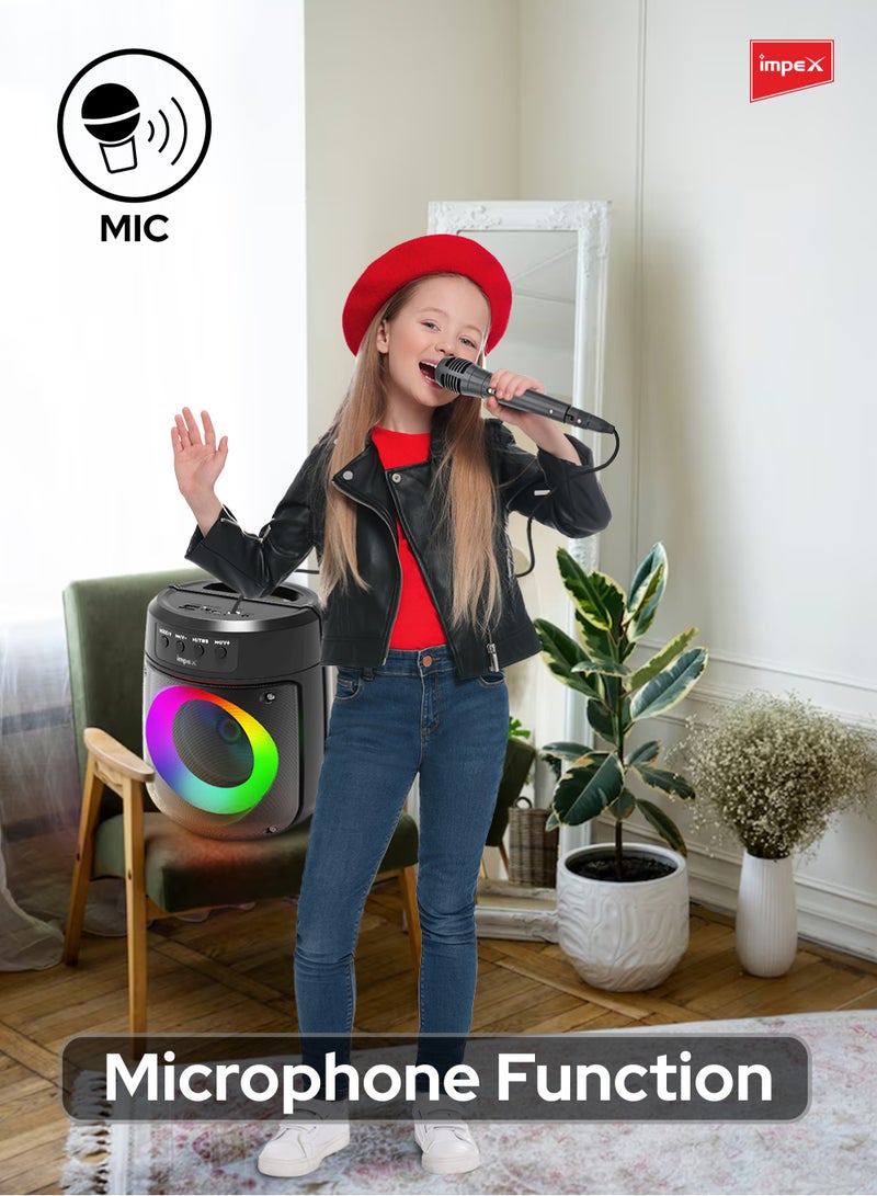 Impex Portable Bluetooth Speaker, 500W PMPO, 4" Wireless Speaker with Magic Ring Light, 1200mAh Battery, Bluetooth 5.1, USB/Micro SD/AUX/FM/MIC/TWS, Type-C Charging, Wired Mic, 10m Range, Black - TS 1106 Black  - Image 5