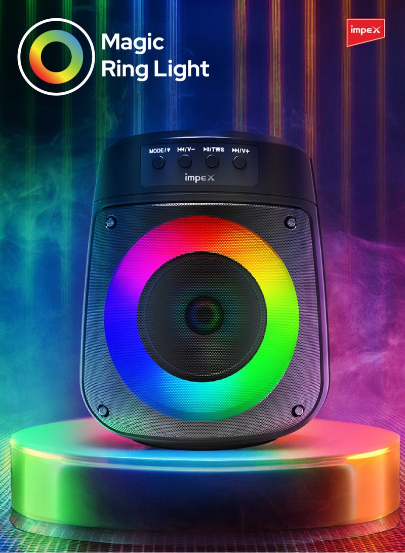 Impex Portable Bluetooth Speaker, 500W PMPO, 4" Wireless Speaker with Magic Ring Light, 1200mAh Battery, Bluetooth 5.1, USB/Micro SD/AUX/FM/MIC/TWS, Type-C Charging, Wired Mic, 10m Range, Black - TS 1106 Black  - Image 3