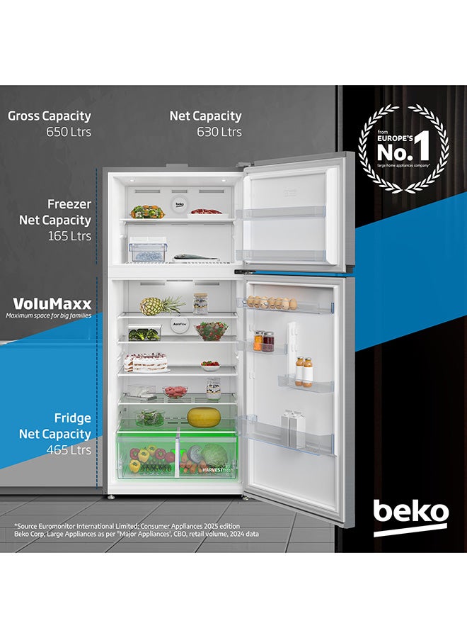 Beko Refrigerator 650 Liters Gross(630 Net) Capacity, Double Door, Top Mount, No Frost, Harvest Fresh Technology, NeoFrost Dual Cooling, Low Noise, CoolRoom, 10 Years Warranty on ProSmart Inverter Compressor RDNE850L22X Brushed Silver  - Image 2