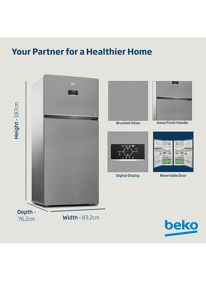 Beko Refrigerator 650 Liters Gross(630 Net) Capacity, Double Door, Top Mount, No Frost, Harvest Fresh Technology, NeoFrost Dual Cooling, Low Noise, CoolRoom, 10 Years Warranty on ProSmart Inverter Compressor RDNE850L22X Brushed Silver  - Image 4