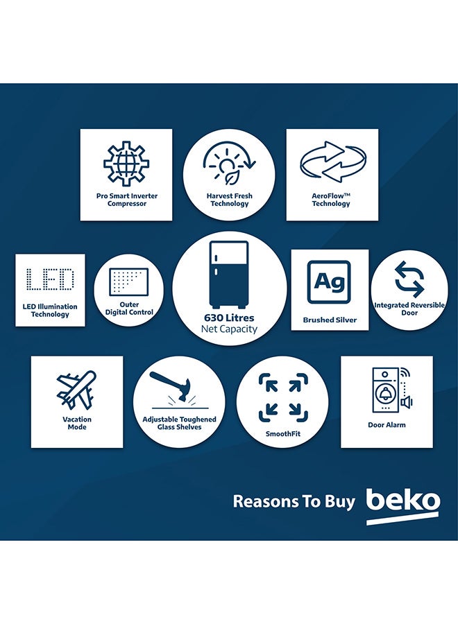 Beko Refrigerator 650 Liters Gross(630 Net) Capacity, Double Door, Top Mount, No Frost, Harvest Fresh Technology, NeoFrost Dual Cooling, Low Noise, CoolRoom, 10 Years Warranty on ProSmart Inverter Compressor RDNE850L22X Brushed Silver  - Image 5