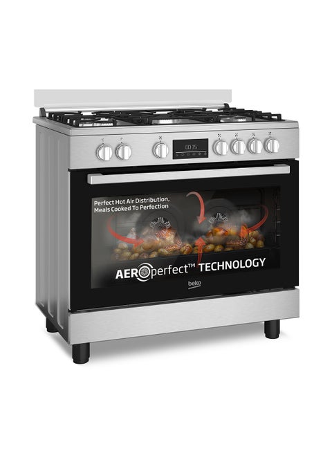 90x60cm Free Standing Combination Cooker(Gas Hob/Electric Oven), Full Safety, 4 High Efficiency Gas Burner(1 Wok), Cast Iron Pan support,  8 Cooking Multifunction Oven, Air Fryer Function, Dual Conventional Fan Oven, 108 liters Oven Capacity, Catalytic Self Cleaning Oven Walls, Removable Door Glass for Cleaning BGTW 11227 EXA Stainless Steel