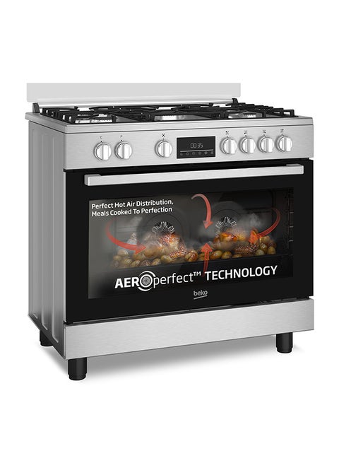 90x60cm Free Standing Combination Cooker(Gas Hob/Electric Oven), Full Safety, 4 High Efficiency Gas Burner(1 Wok), Cast Iron Pan support,  8 Cooking Multifunction Oven, Air Fryer Function, Dual Conventional Fan Oven, 108 liters Oven Capacity, Catalytic Self Cleaning Oven Walls, Removable Door Glass for Cleaning BGTW 11227 EXA Stainless Steel