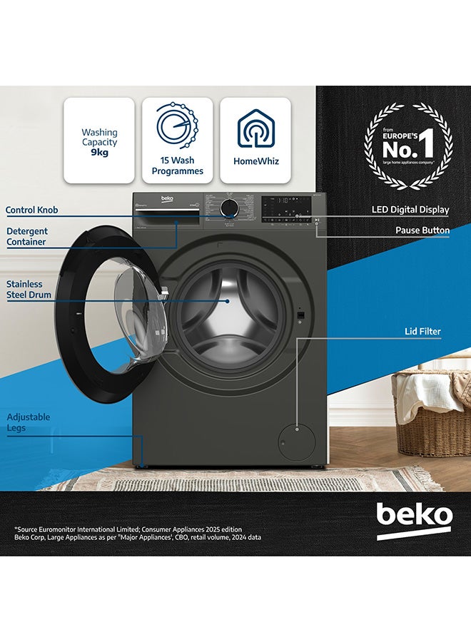 بيكو 9 kg Front Load Washing Machine, 1400 RPM, 15 Programmes, Low Noise, Quick wash 14/28 Minutes, SteamTherapy, StainExpert, Digital Display, DrumClean Function, HomeWhiz, 10 Years Warranty on ProSmart Inverter Motor 9 kg WTV9314XM Manhattan Grey - Image 2