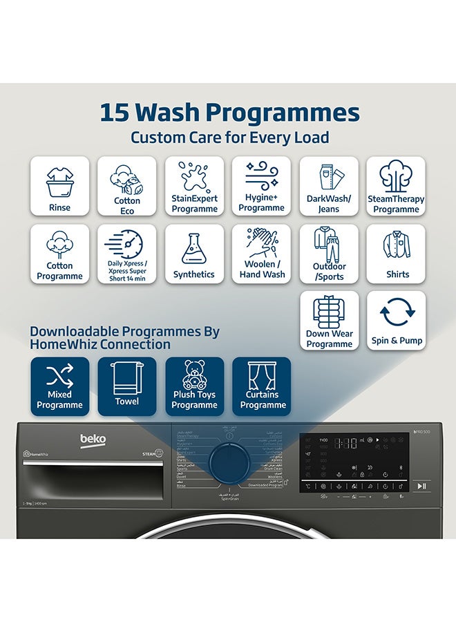 بيكو 9 kg Front Load Washing Machine, 1400 RPM, 15 Programmes, Low Noise, Quick wash 14/28 Minutes, SteamTherapy, StainExpert, Digital Display, DrumClean Function, HomeWhiz, 10 Years Warranty on ProSmart Inverter Motor 9 kg WTV9314XM Manhattan Grey - Image 3