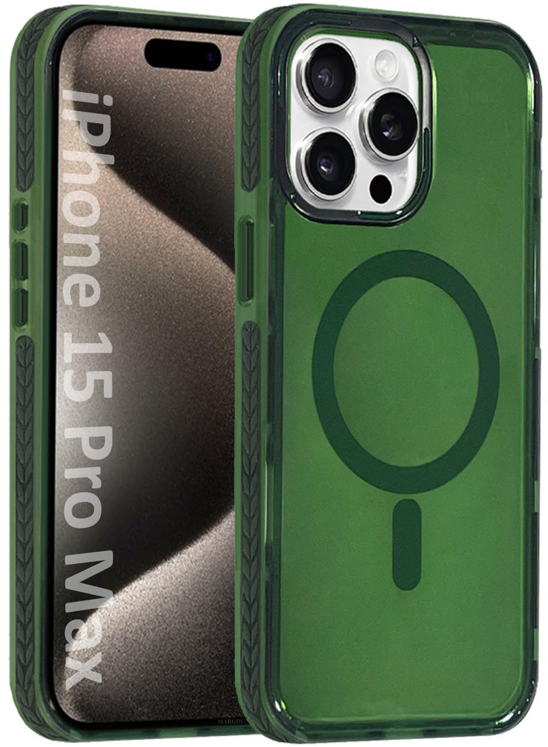 MARGOUN (for iPhone 15 Pro Max) Hard PC Magsafe Case Cover Polycarbonate Magnetic Strong Shockproof Protective Case Cover Transparent - Green-1 - Image 1