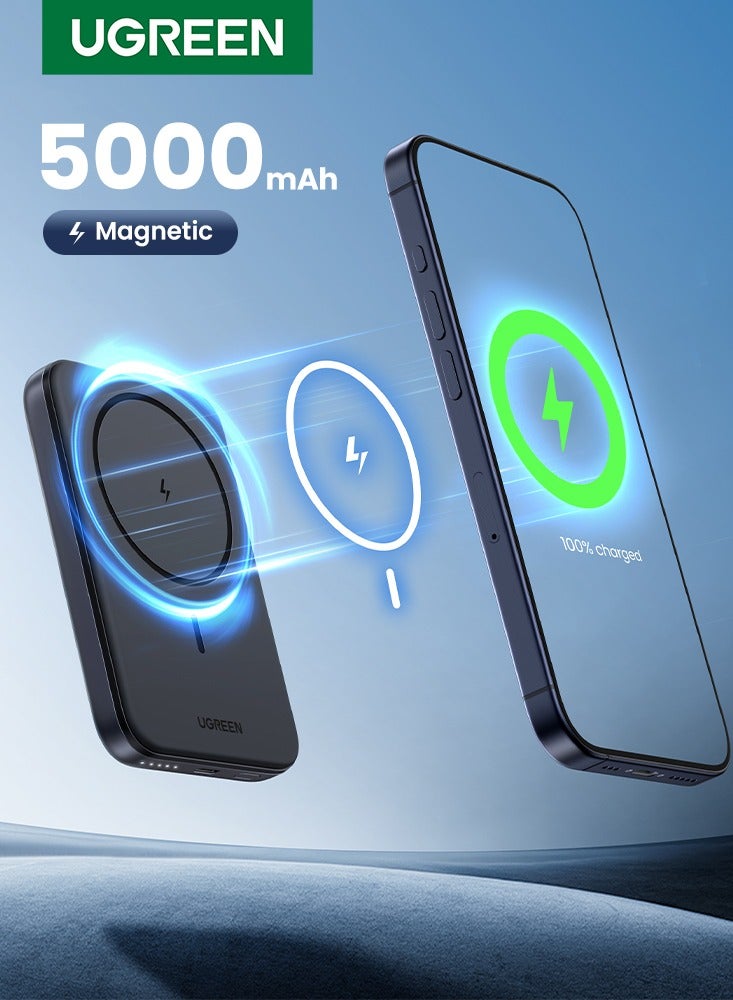 Ugreen - 5000 mAh Wireless Power Bank Magnetic MagSafe Wireless Portable Charger Fast Charging Charger PD 15W Wired Charging iPhone MagSafe Charger Battery Pack For iPhone 16 Series Apple Watch S10 Airpods4 Gray - Image 1