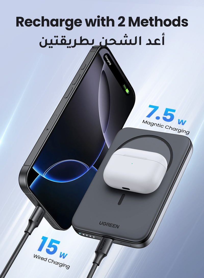 Ugreen - 5000 mAh Wireless Power Bank Magnetic MagSafe Wireless Portable Charger Fast Charging Charger PD 15W Wired Charging iPhone MagSafe Charger Battery Pack For iPhone 16 Series Apple Watch S10 Airpods4 Gray - Image 1