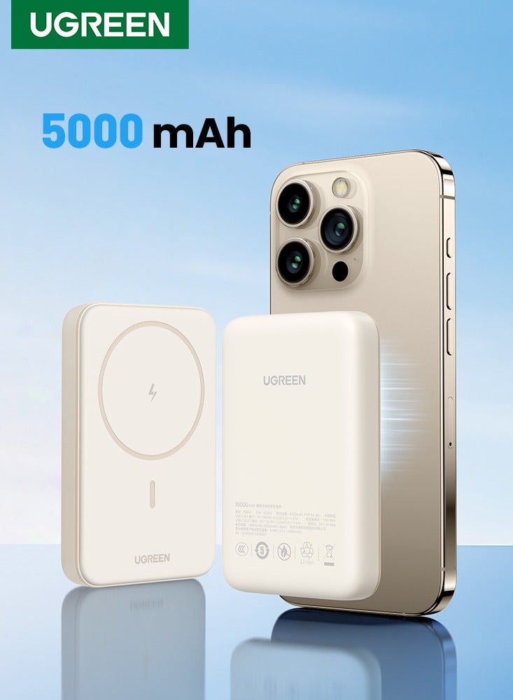 Ugreen - 5000 mAh Wireless Power Bank Magnetic 7.5W MagSafe Wireless Portable Charger, Fast Charging For iPhone 16 Series, Apple Watch S10, AirPods4 - White - Image 1