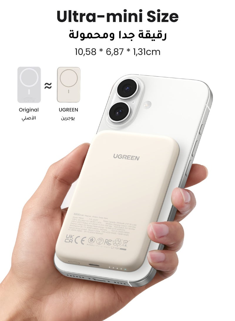 Ugreen - 5000 mAh Wireless Power Bank Magnetic 7.5W MagSafe Wireless Portable Charger, Fast Charging For iPhone 16 Series, Apple Watch S10, AirPods4 - White - Image 1