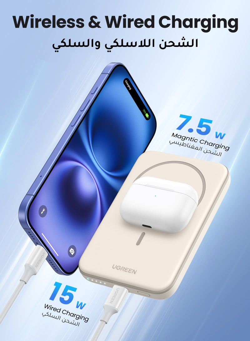 Ugreen - 5000 mAh Wireless Power Bank Magnetic 7.5W MagSafe Wireless Portable Charger, Fast Charging For iPhone 16 Series, Apple Watch S10, AirPods4 - White - Image 1