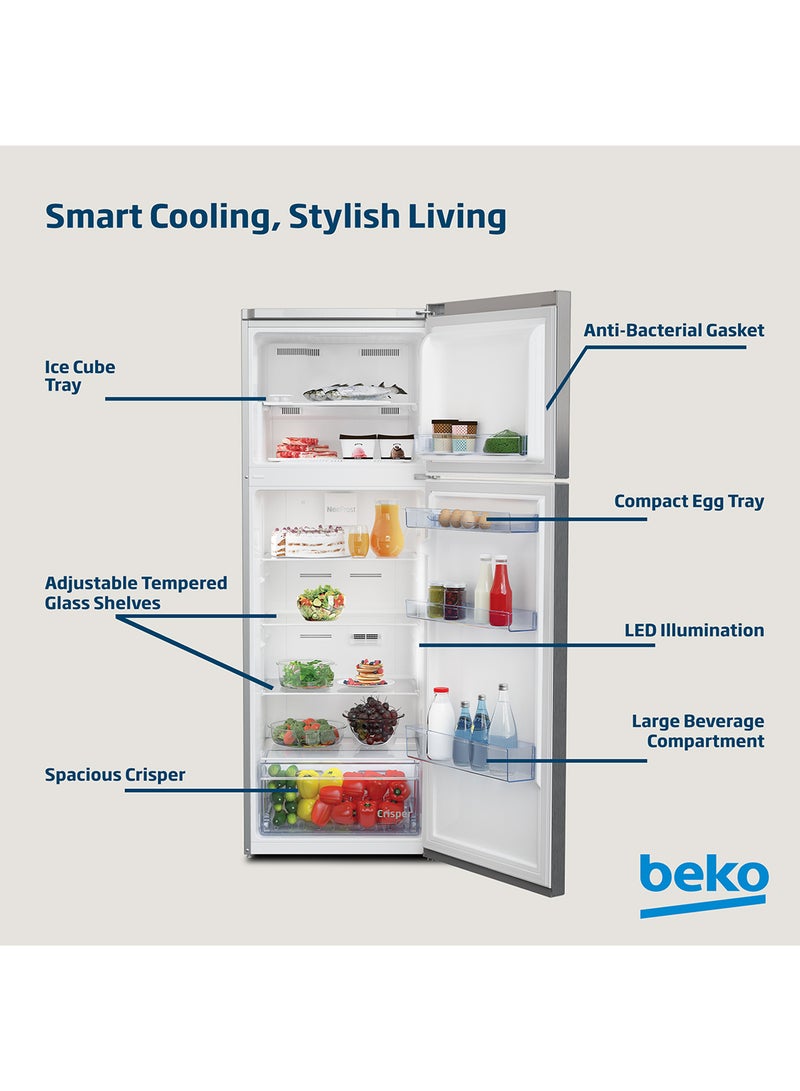 Beko - Refrigerator 350 Liters Gross(314 Net) Capacity, Double Door, Top Mount, No Frost, Harvest Fresh Technology, NeoFrost Dual Cooling, Low Noise, 10 Years Warranty on ProSmart Inverter Compressor RDNE350K30XBN Brushed Silver - Image 1