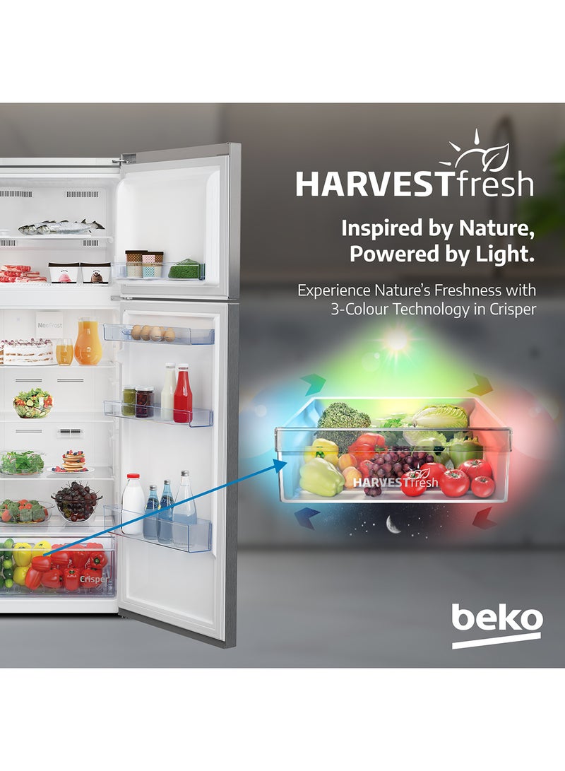Beko - Refrigerator 350 Liters Gross(314 Net) Capacity, Double Door, Top Mount, No Frost, Harvest Fresh Technology, NeoFrost Dual Cooling, Low Noise, 10 Years Warranty on ProSmart Inverter Compressor RDNE350K30XBN Brushed Silver - Image 1
