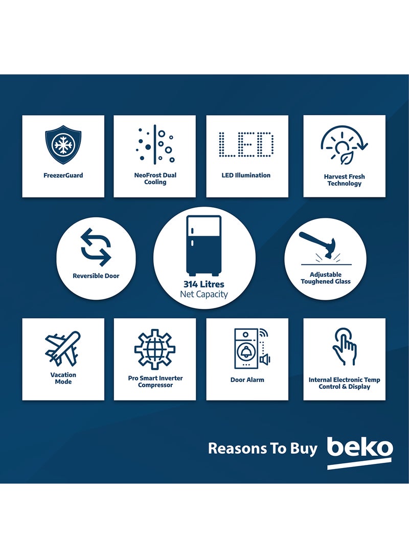 Beko - Refrigerator 350 Liters Gross(314 Net) Capacity, Double Door, Top Mount, No Frost, Harvest Fresh Technology, NeoFrost Dual Cooling, Low Noise, 10 Years Warranty on ProSmart Inverter Compressor RDNE350K30XBN Brushed Silver - Image 1