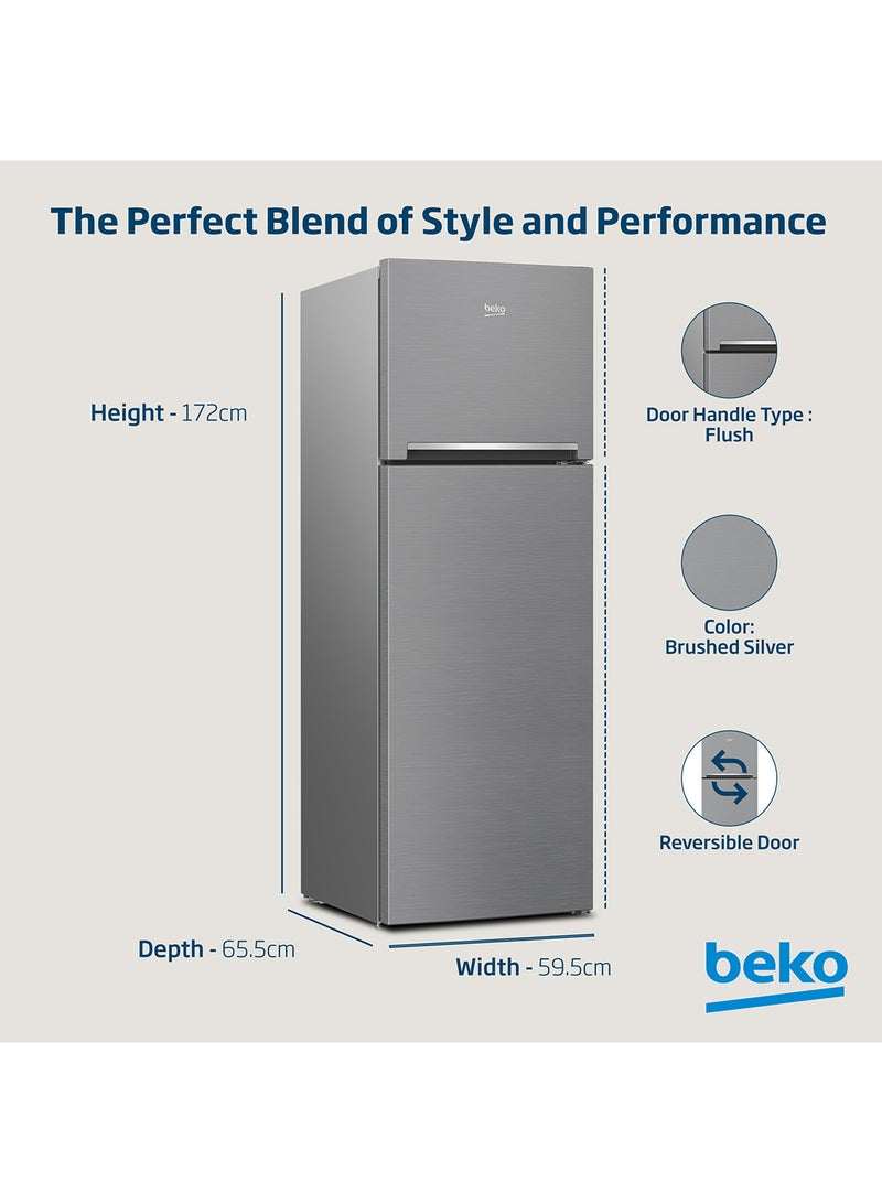 Beko - Refrigerator 350 Liters Gross(314 Net) Capacity, Double Door, Top Mount, No Frost, Harvest Fresh Technology, NeoFrost Dual Cooling, Low Noise, 10 Years Warranty on ProSmart Inverter Compressor RDNE350K30XBN Brushed Silver - Image 1