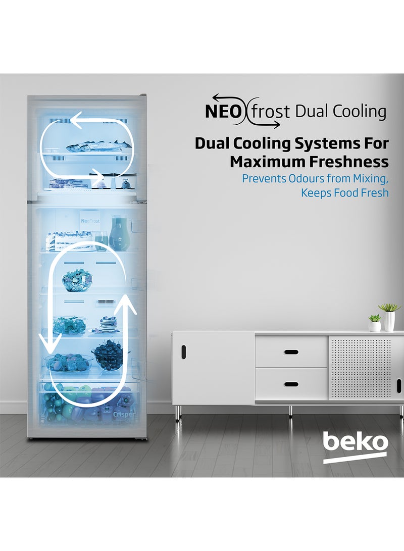 Beko - Refrigerator 350 Liters Gross(314 Net) Capacity, Double Door, Top Mount, No Frost, Harvest Fresh Technology, NeoFrost Dual Cooling, Low Noise, 10 Years Warranty on ProSmart Inverter Compressor RDNE350K30XBN Brushed Silver - Image 1