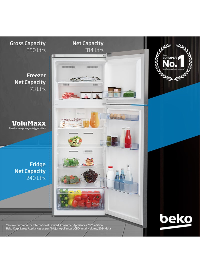 Beko - Refrigerator 350 Liters Gross(314 Net) Capacity, Double Door, Top Mount, No Frost, Harvest Fresh Technology, NeoFrost Dual Cooling, Low Noise, 10 Years Warranty on ProSmart Inverter Compressor RDNE350K30XBN Brushed Silver - Image 1