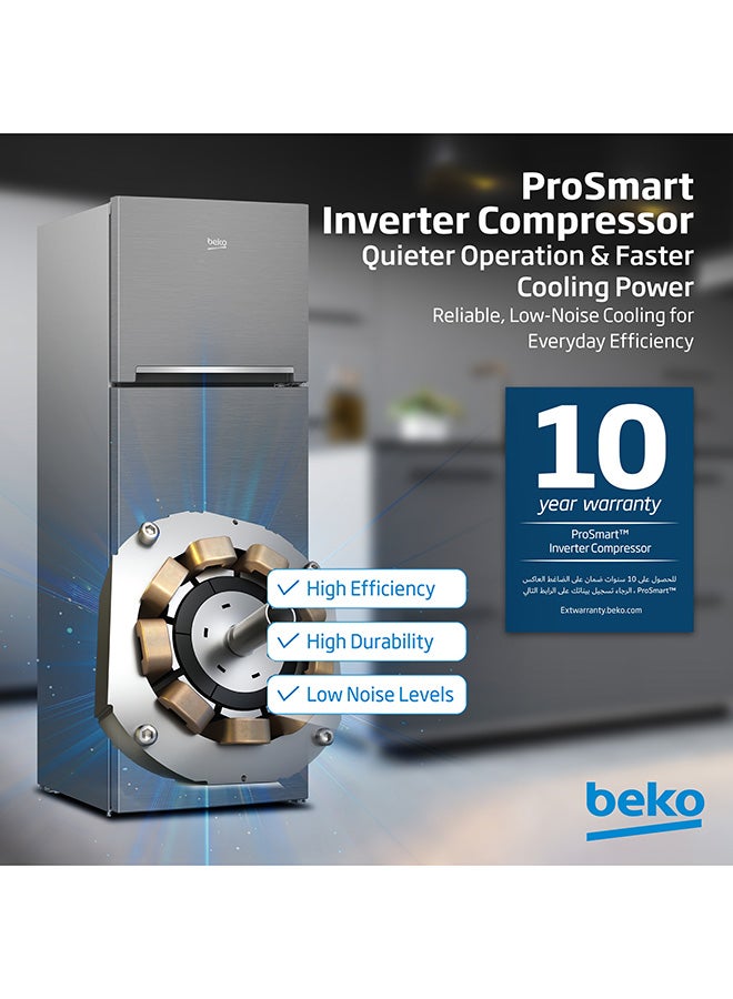 Refrigerator 350 Liters Gross(314 Net) Capacity, Double Door, Top Mount, No Frost, Harvest Fresh Technology, NeoFrost Dual Cooling, Low Noise, 10 Years Warranty on ProSmart Inverter Compressor RDNE350K30XBN Brushed Silver
