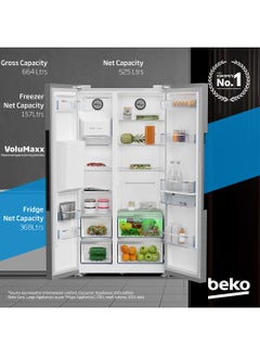 Beko Refrigerator 664 Liters Gross(525 Net) Capacity, Side by Side, No Frost, Harvest Fresh Technology, NeoFrost Dual Cooling, Low Noise, Ice and Water Dispenser, 10 Years Warranty on ProSmart Inverter Compressor GNE753DIX Titanium Inox  - Image 2