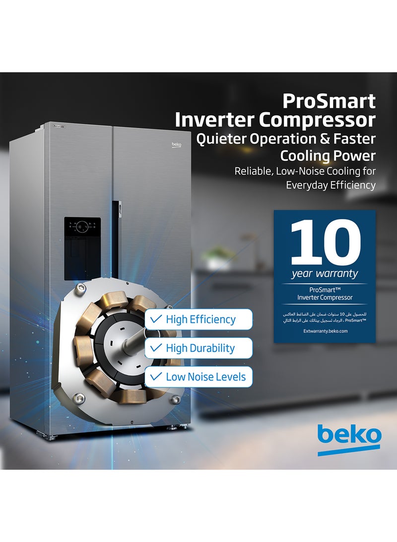 Beko - Refrigerator 664 Liters Gross(525 Net) Capacity, Side by Side, No Frost, Harvest Fresh Technology, NeoFrost Dual Cooling, Low Noise, Ice and Water Dispenser, 10 Years Warranty on ProSmart Inverter Compressor GNE753DIX Titanium Inox - Image 1