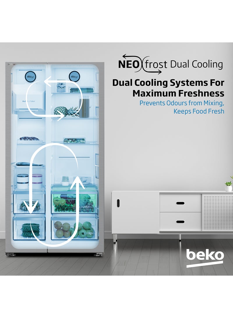 Beko - Refrigerator 664 Liters Gross(525 Net) Capacity, Side by Side, No Frost, Harvest Fresh Technology, NeoFrost Dual Cooling, Low Noise, Ice and Water Dispenser, 10 Years Warranty on ProSmart Inverter Compressor GNE753DIX Titanium Inox - Image 1